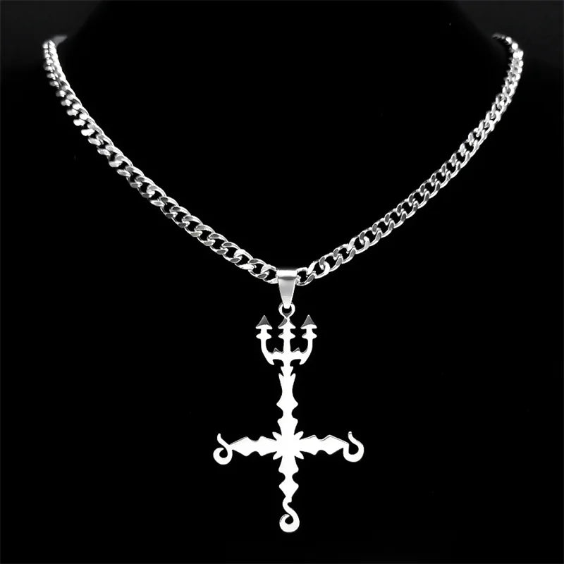 666 Inverted Cross Trident Necklace — Silver