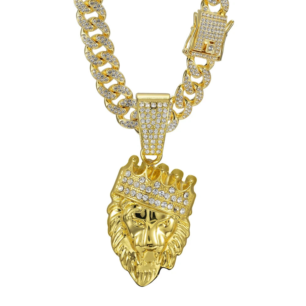3D Crown Lion Head Cuban Pendant — Stainless Steel