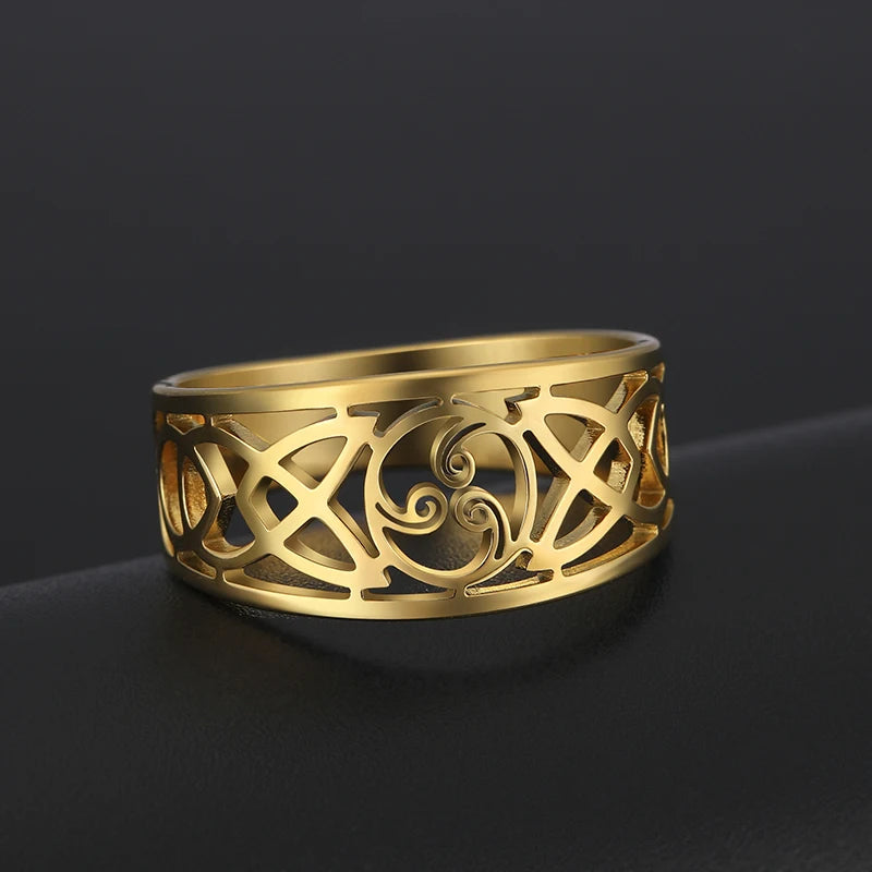 Witch Knot Triskele Ring — Triple Spiral, Gold & Silver Tone