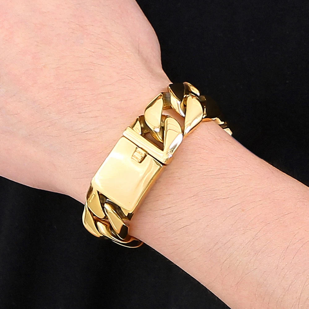20MM Curb Cuban Chain Men Bracelet for Man Polished Brushed Waterproof Gold Color Stainless Steel Wristbands New In