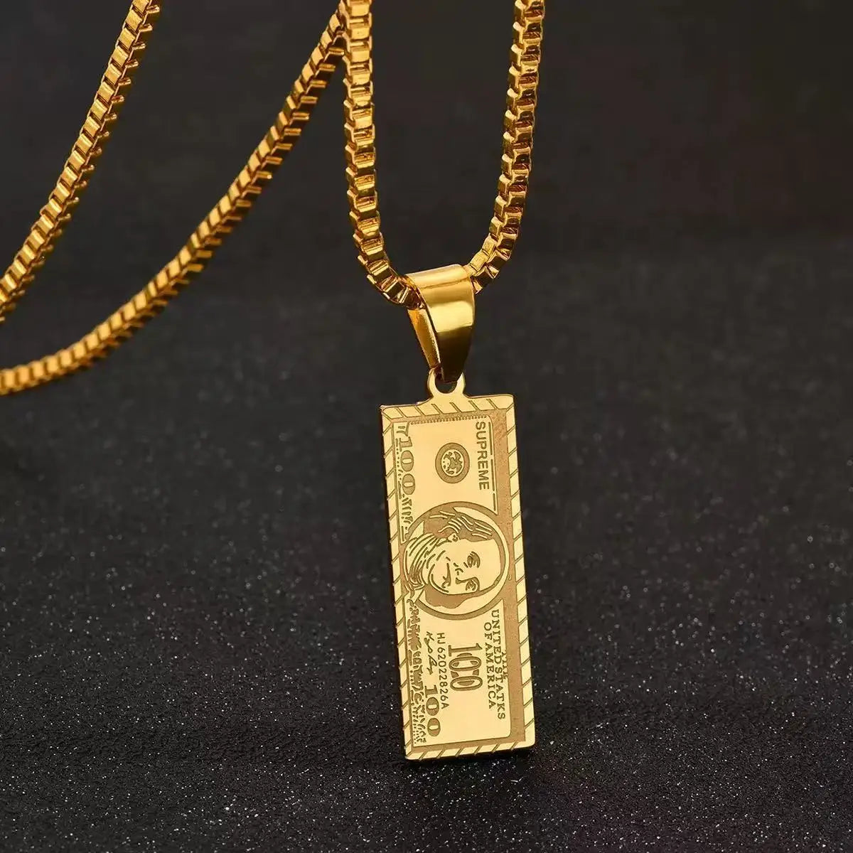 Luxury 24K 9999 Pure Gold real gold Dollar Small Banknote Pendant Men's Necklace