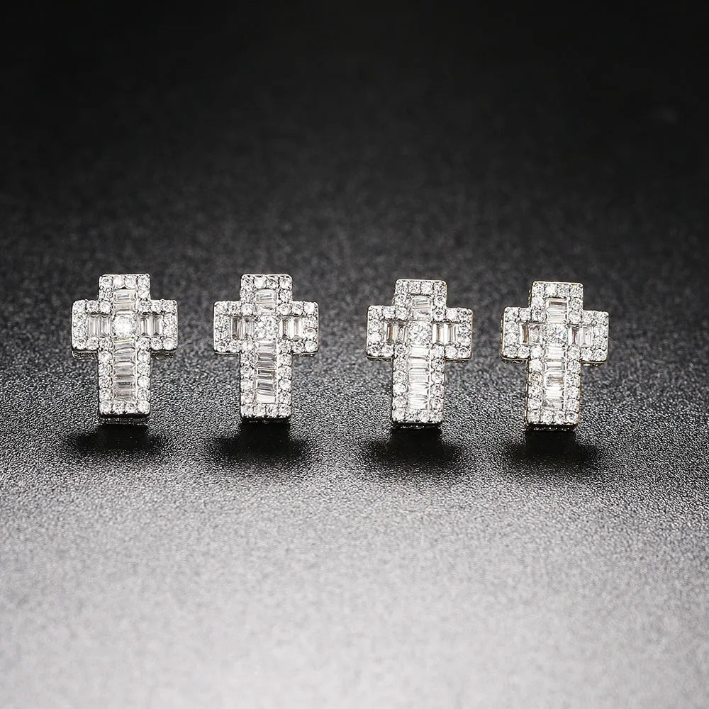 Iced Out Cross Stud Earrings — Gold
