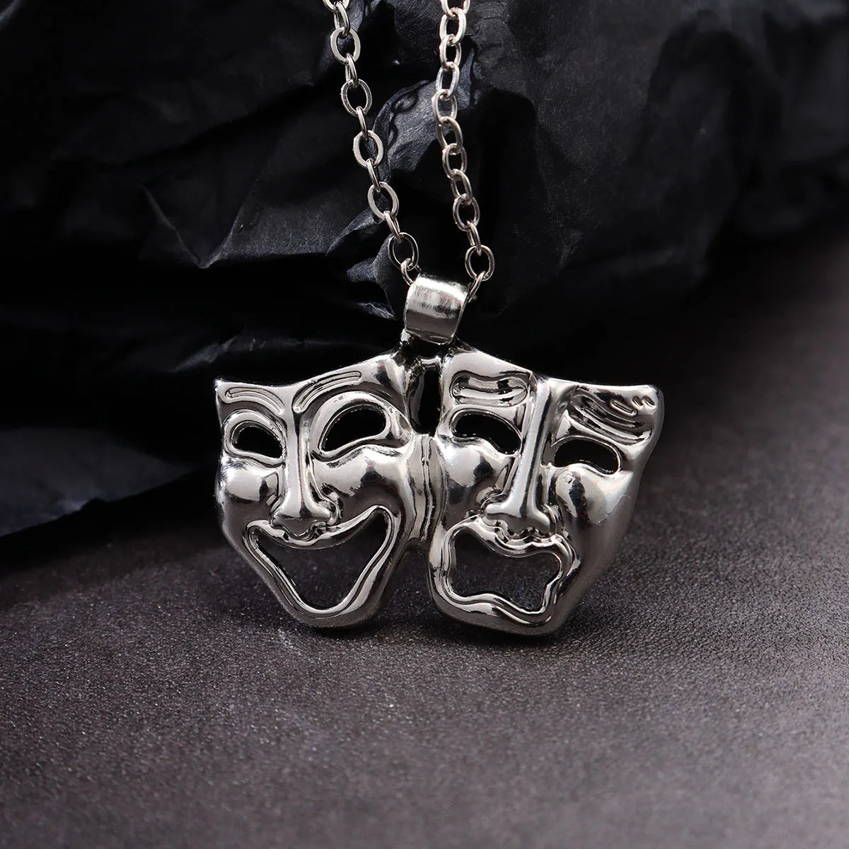 Tragedy Comedy Mask Pendant Necklace — Silver