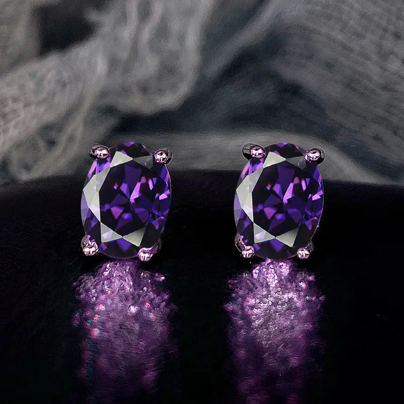 Oval Colored Zircon Four Claw Stud Earrings — Stainless Steel