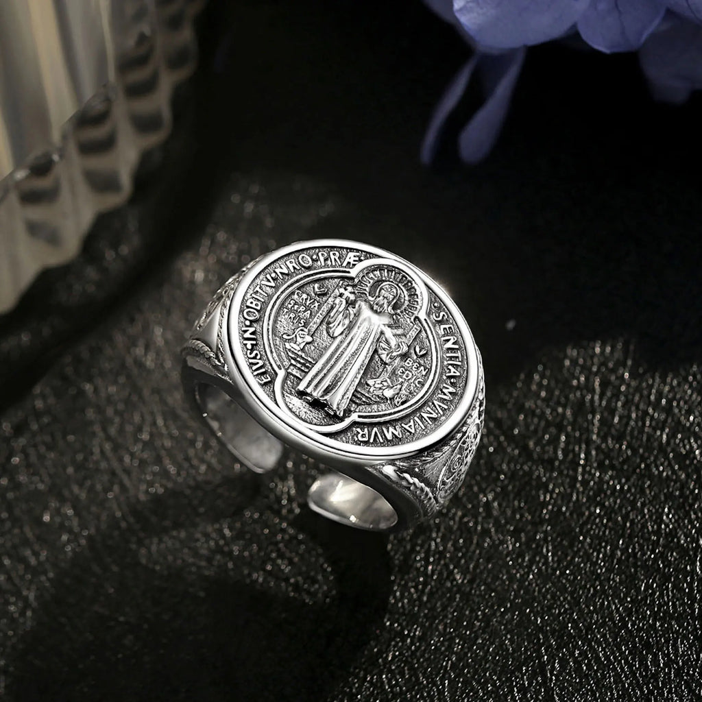 Eudora 925 Sterling Silver Saint Benedict Medal Adjustable Ring San Benito Cross Amulet Religious Jewelry Gift for Men Women