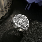 Eudora 925 Sterling Silver Saint Benedict Medal Adjustable Ring San Benito Cross Amulet Religious Jewelry Gift for Men Women