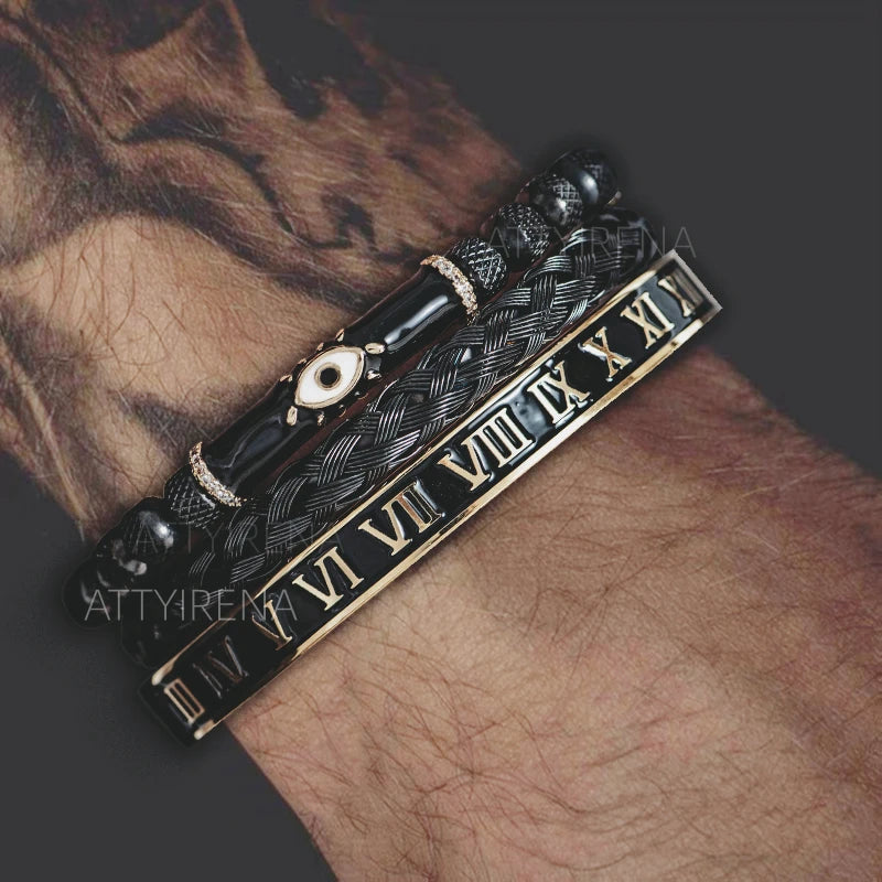 Luxury Set Enamel Eye Bracelet Roman Bracelet Royal Crown Charm Men Stainless Steel Geometry Pulseiras Open Adjustable