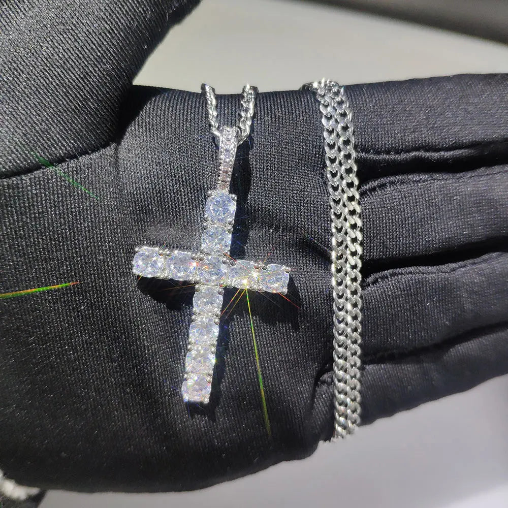 Iced Out Cross Pendant Necklace Stainless Steel CZ
