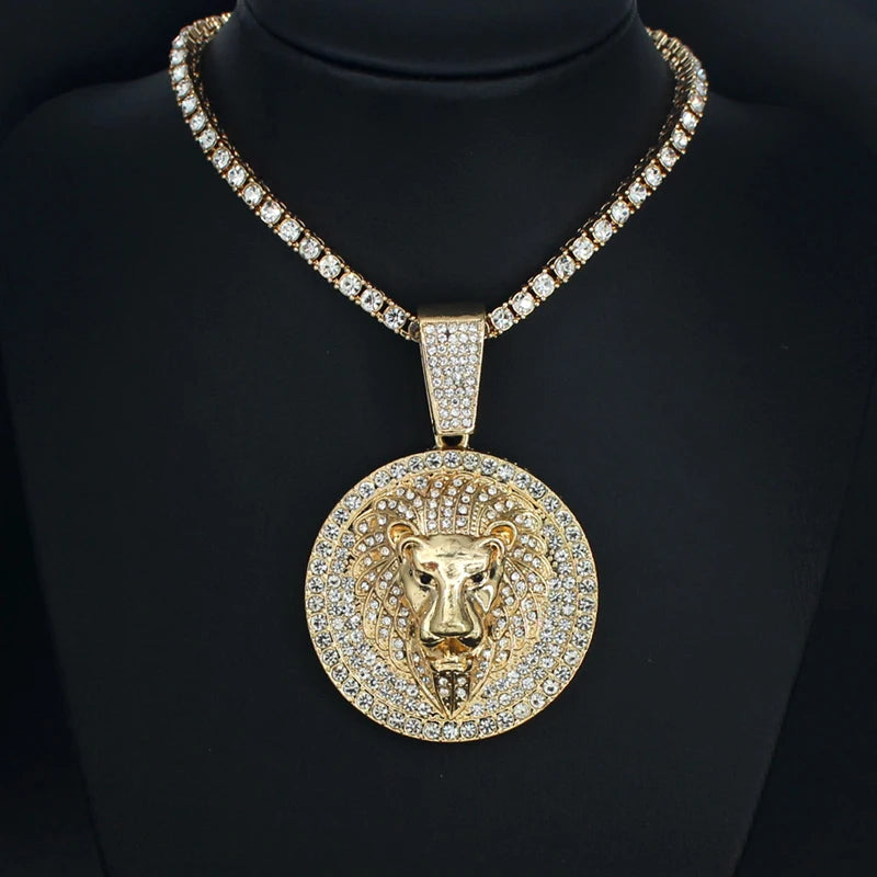 Hip Hop Big Lion Head Pendant Necklace Cuban Chain Necklace For Women Men Iced Out Full Rhinestone Necklace Jewelry