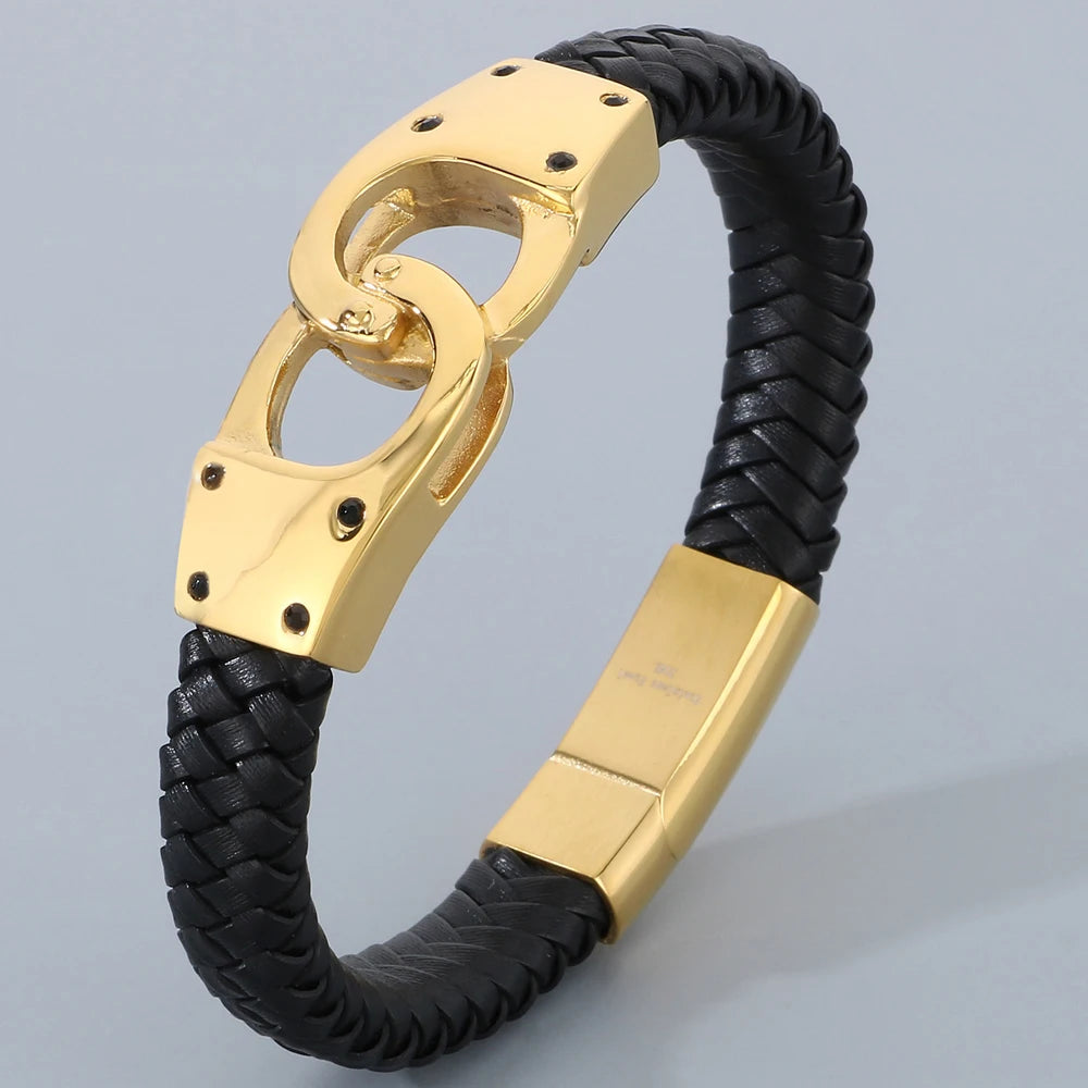 Braided Leather Handcuffs Style Men's Wrap Bracelet Stainless Steel Charm Bracelet for Men Gold Color Jewelry Logo