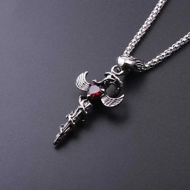 Retro Punk Heart Sword Wings Pendant Necklace — Mixed Metal