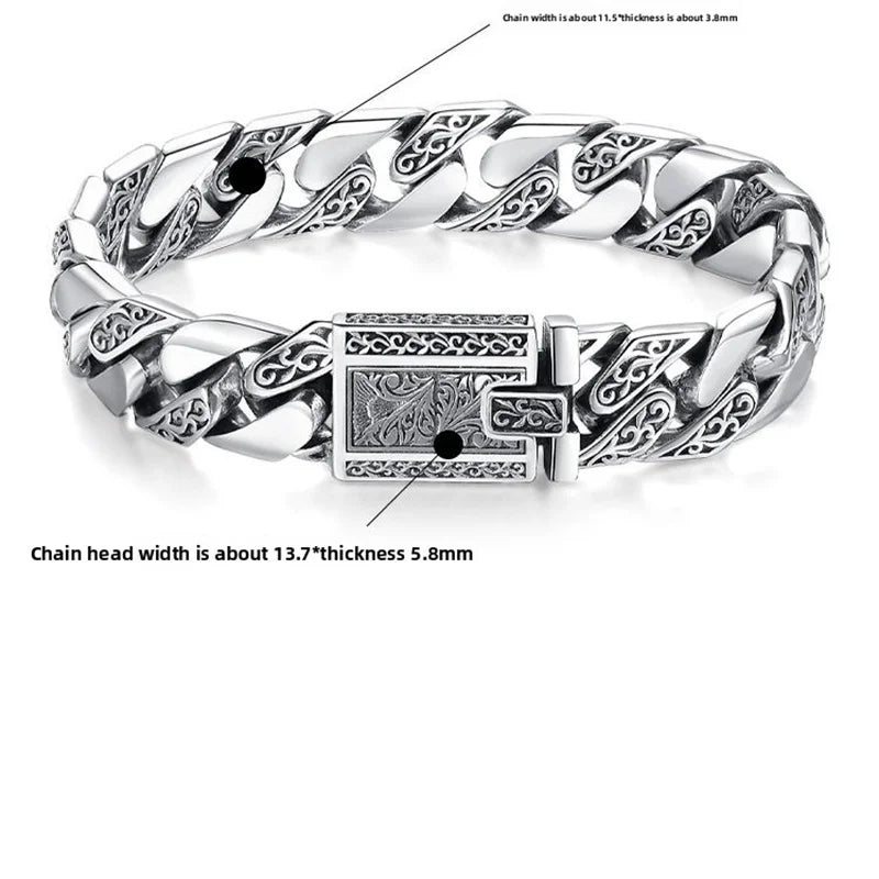 OUYADI S925 Sterling Silver Men's Cuban Link Bracelet Vintage Eternal Vines Engraved Retro Masculine Wrist Jewelry Gift