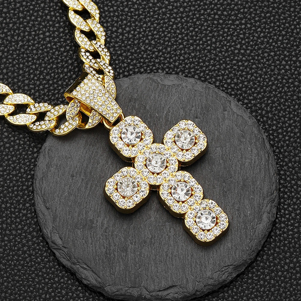 Iced Out Square Cross 13mm Cuban Chain Necklace — Zinc Alloy
