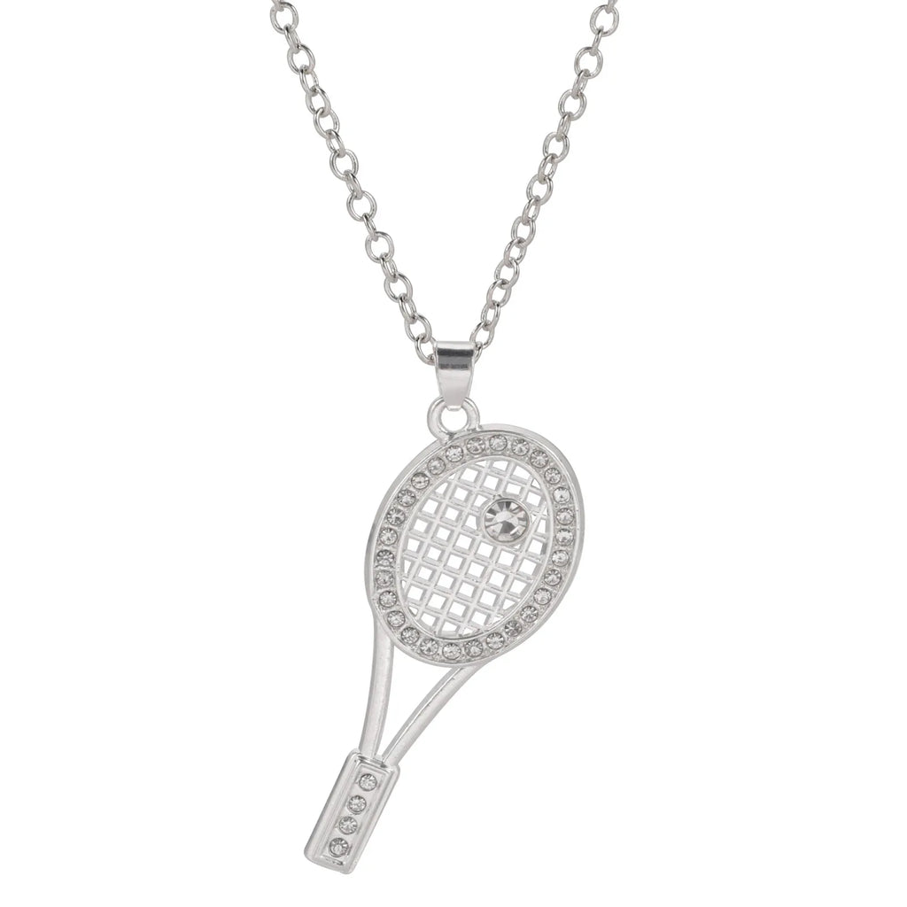 HIPEE Trendy Zinc Alloy Shiny Crystal Tennis Racket Pendant Necklace for Women Girls Sports Series Charm Necklaces Party Jewelry
