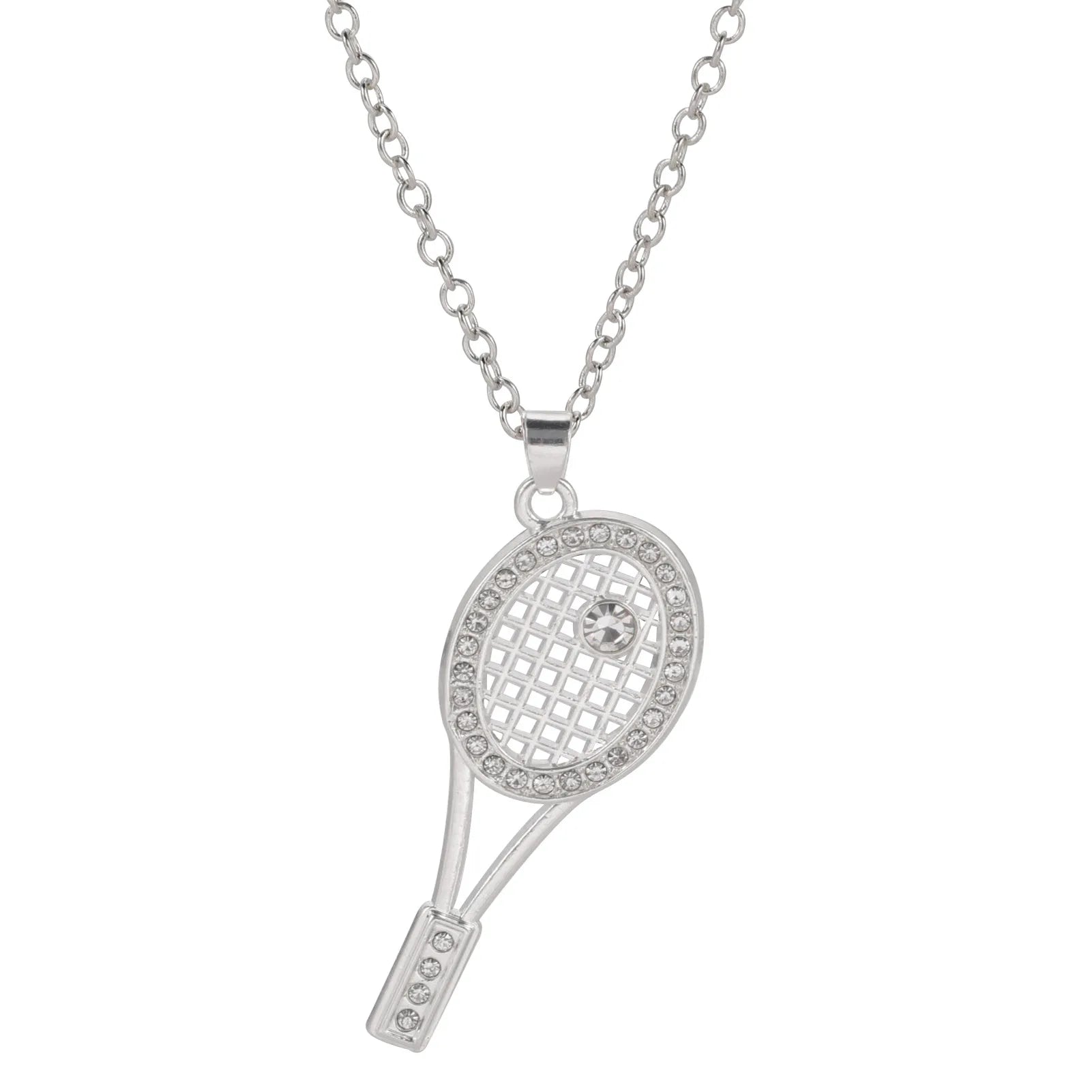 HIPEE Trendy Zinc Alloy Shiny Crystal Tennis Racket Pendant Necklace for Women Girls Sports Series Charm Necklaces Party Jewelry
