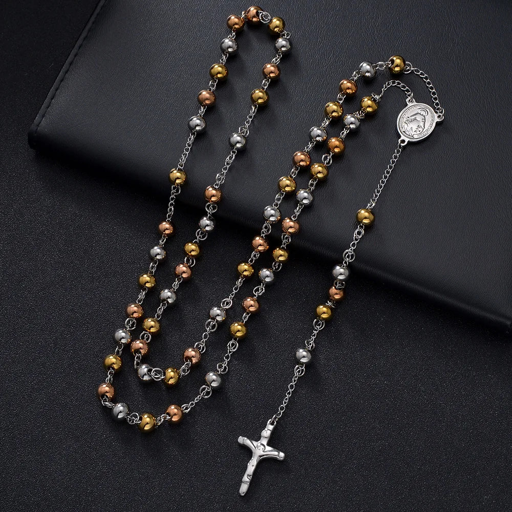 Saint Benedict Virgin Mary Rosary Necklace — Stainless Steel