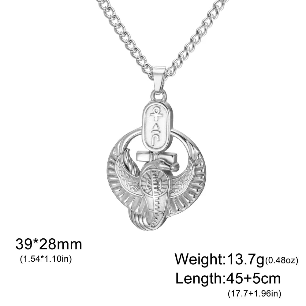 Egyptian Ankh Eagle Wings Feather Necklace — Stainless Steel