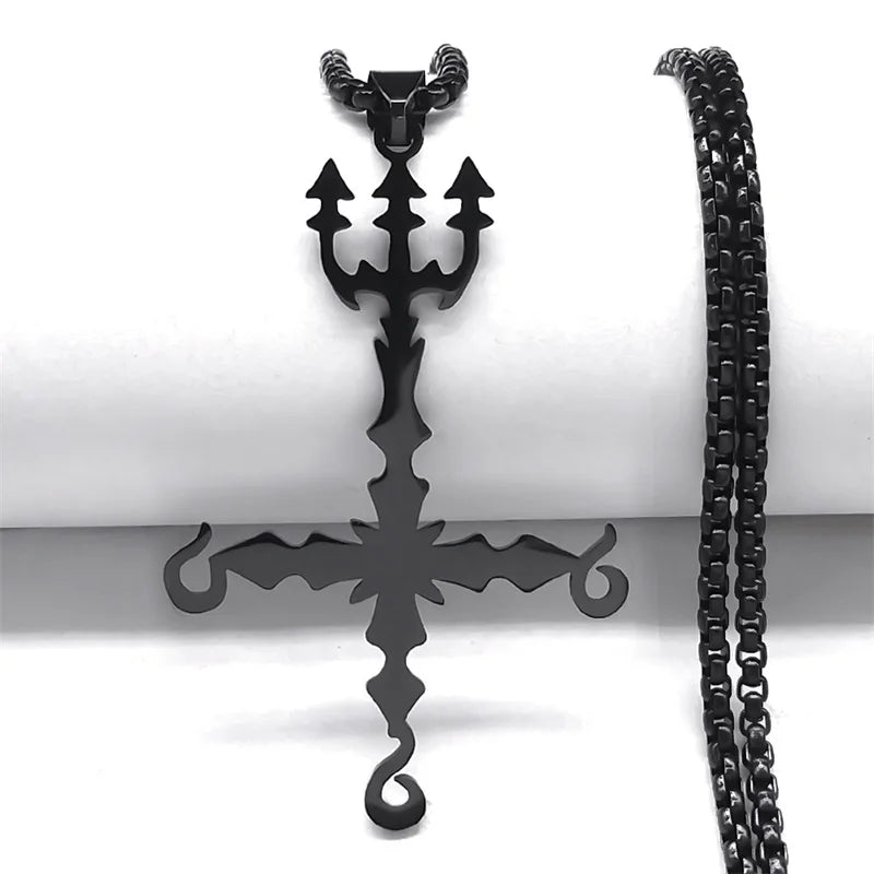 Heavy Metal 666 Music Band Necklace Stainless Steel Black Color Sigil Church of Satan Fork Cross Necklaces Jewelry N8055BKS06