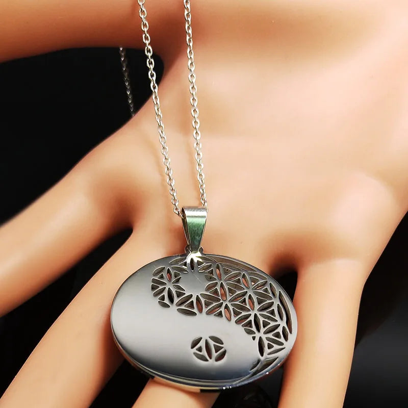 Yin Yang Flower of Life Stainless Steel Necklace for Women Men Silver Color Necklaces & Pendants Jewelry bisuteria N428-QKCS02