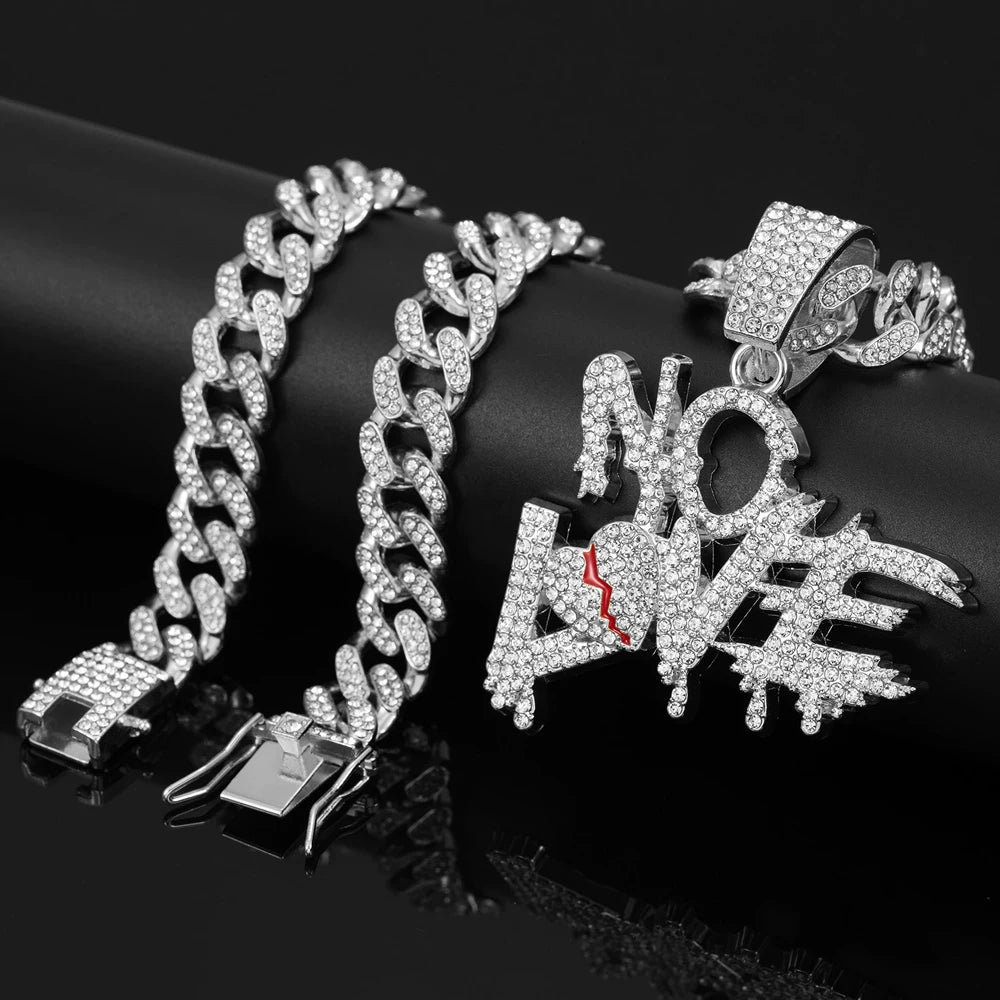 Men Women Hip Hop No Love Heart Letter Pendant Necklace with 13mm Cuban Chain Iced Out Bling Hiphop Necklaces Charm