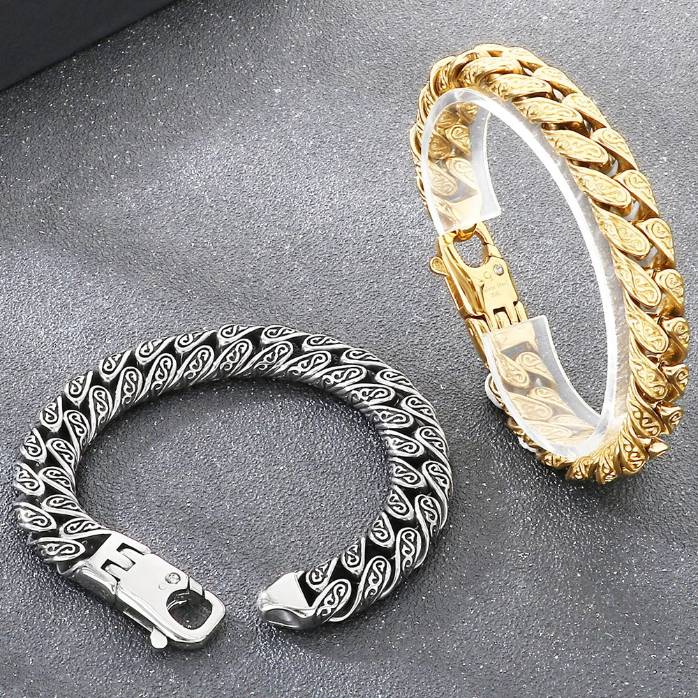 Vintage 12MM Width Cuban Link Chain Bracelet for Man Black Gold Color Stainless Steel Men's Bracelets Wrist Hand
