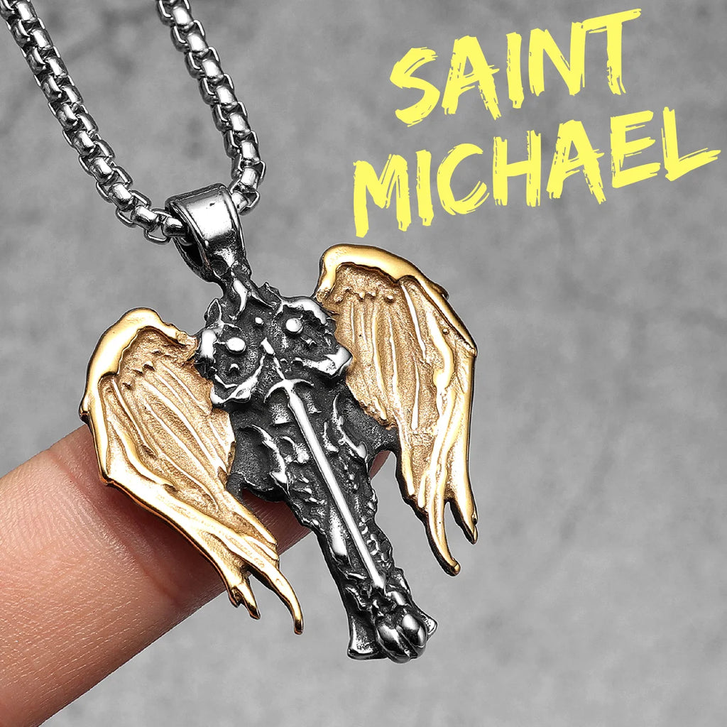 Archangel Pendant 316L Stainless Steel St.Michael Wings Necklaces Men Powerful Amulet Chain Punk Jewelry Best Gift Dropshipping