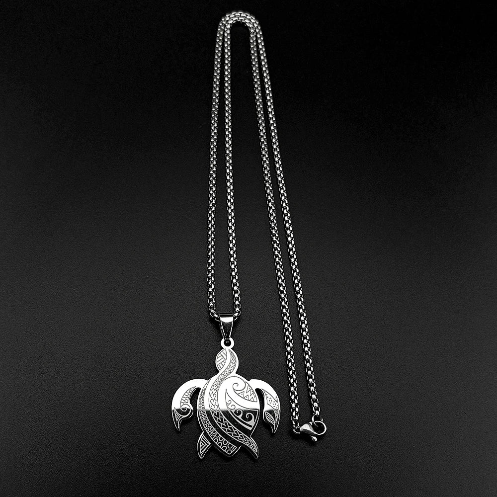 Polynesian Sea Turtle Pendant Necklace — Steel