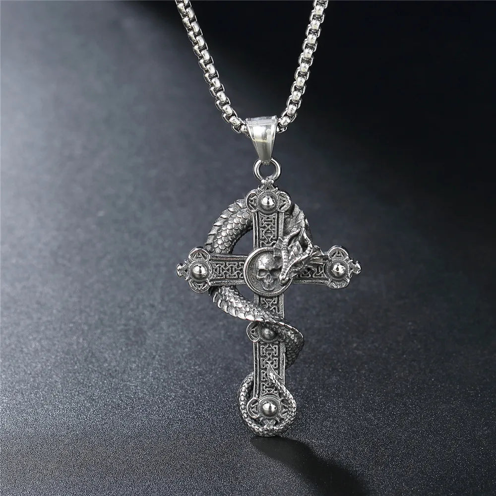Silver Dragon Cross Pendant Necklace Box Chain
