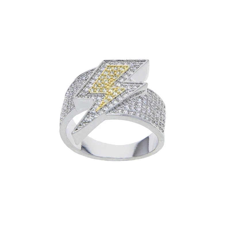 Iced Out Lightning Bolt Ring Cubic Zirconia — Two-Tone