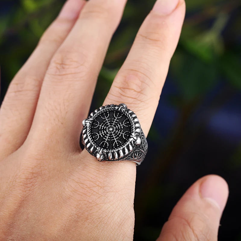 Stainless Steel Viking Compass Runic Statement Rings With Skull Punk Men Vintage Viking Men Rings Jewelry