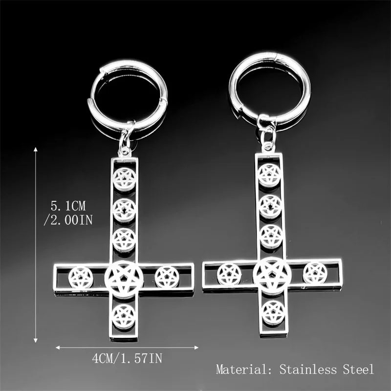 Cross Jesus Steel Earrings Inverted Occult Pentagram
