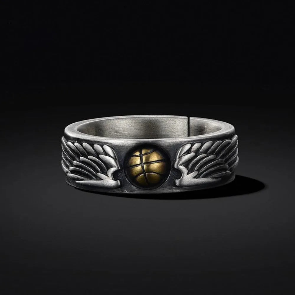Vintage Personalized Creative Basketball Ring Men's Open Ring Rock Hip Hop Ring Pendant Trend Couple Gothic Niche