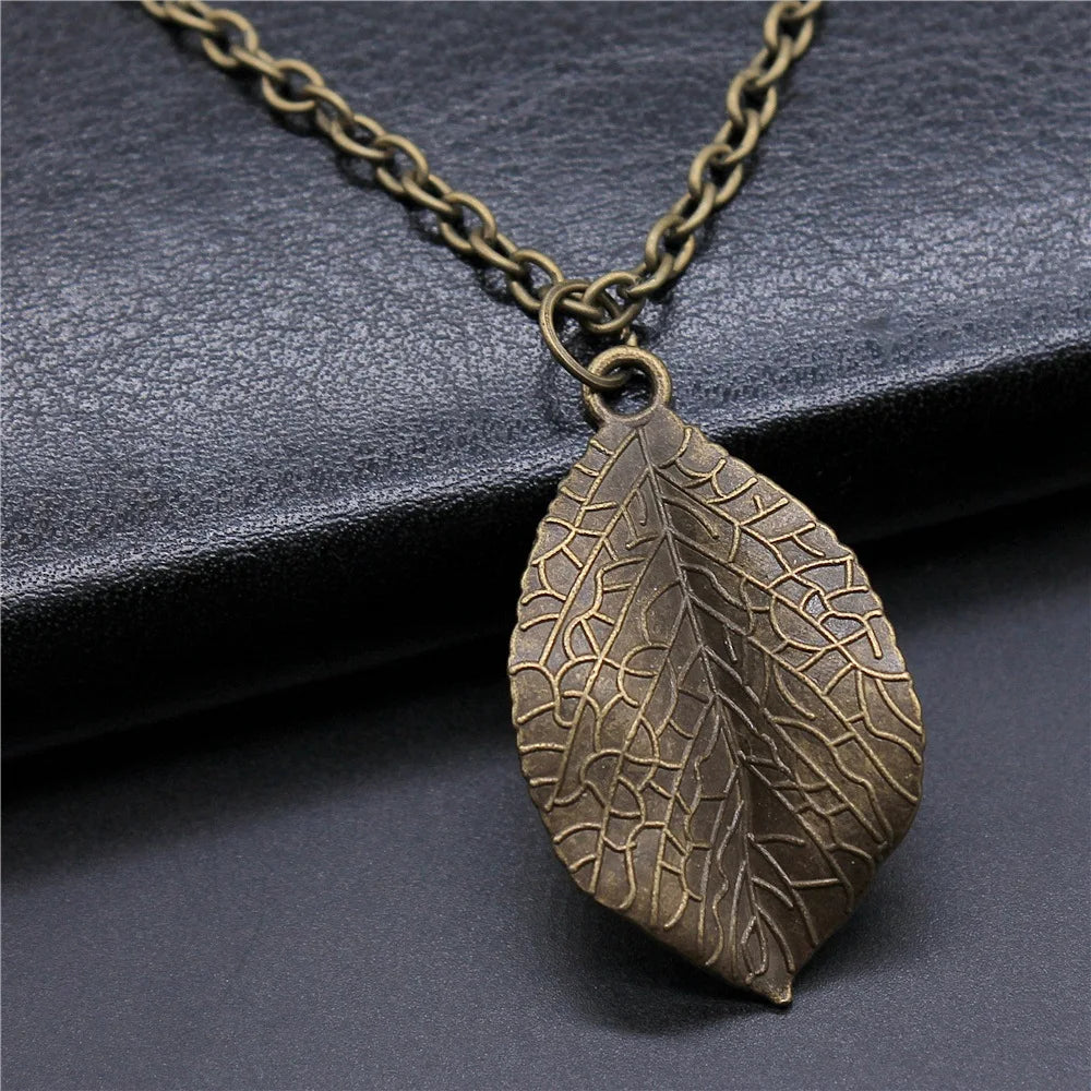 Vintage Leaf Pendant Necklace 35x20mm, Long Chain