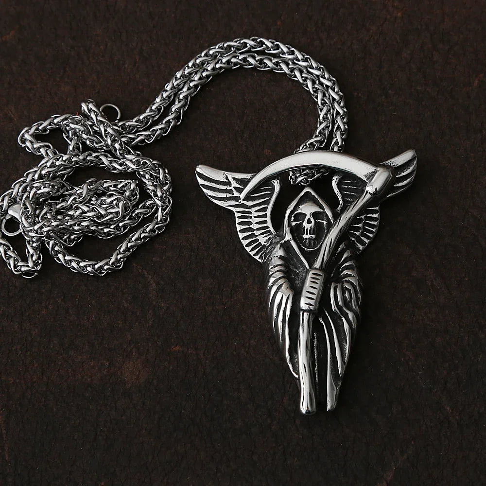Gothic Grim Reaper Death Scythe Skull Necklace For Men Punk Biker Stainless Steel Chain Necklace Pendant Male Hip Hop