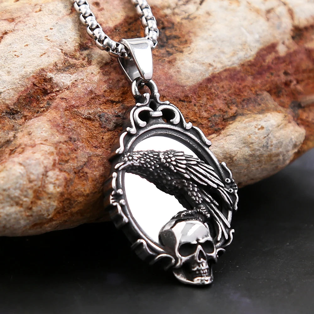 Gothic Crow Skull Stainless Steel Pendant Necklace