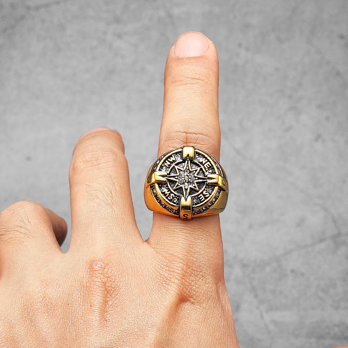 Iced Out Compass Ring — Stainless Steel