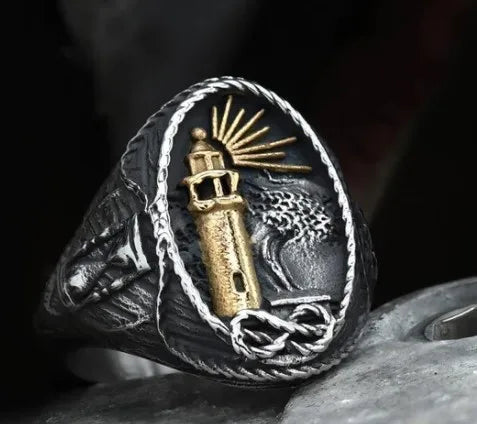 Retro Ocean Lighthouse Ring for Men — Stainless Steel