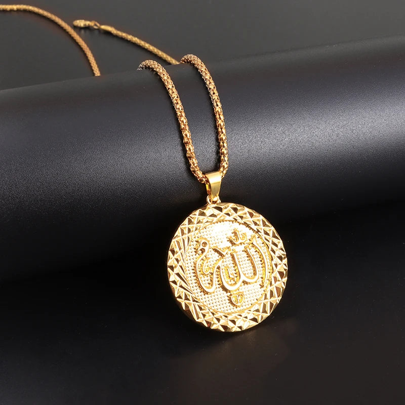 Allah Scripture Round Medal Pendant Stainless Steel Necklace Mens Islamic Jewelry Amulets Muslim Gifts