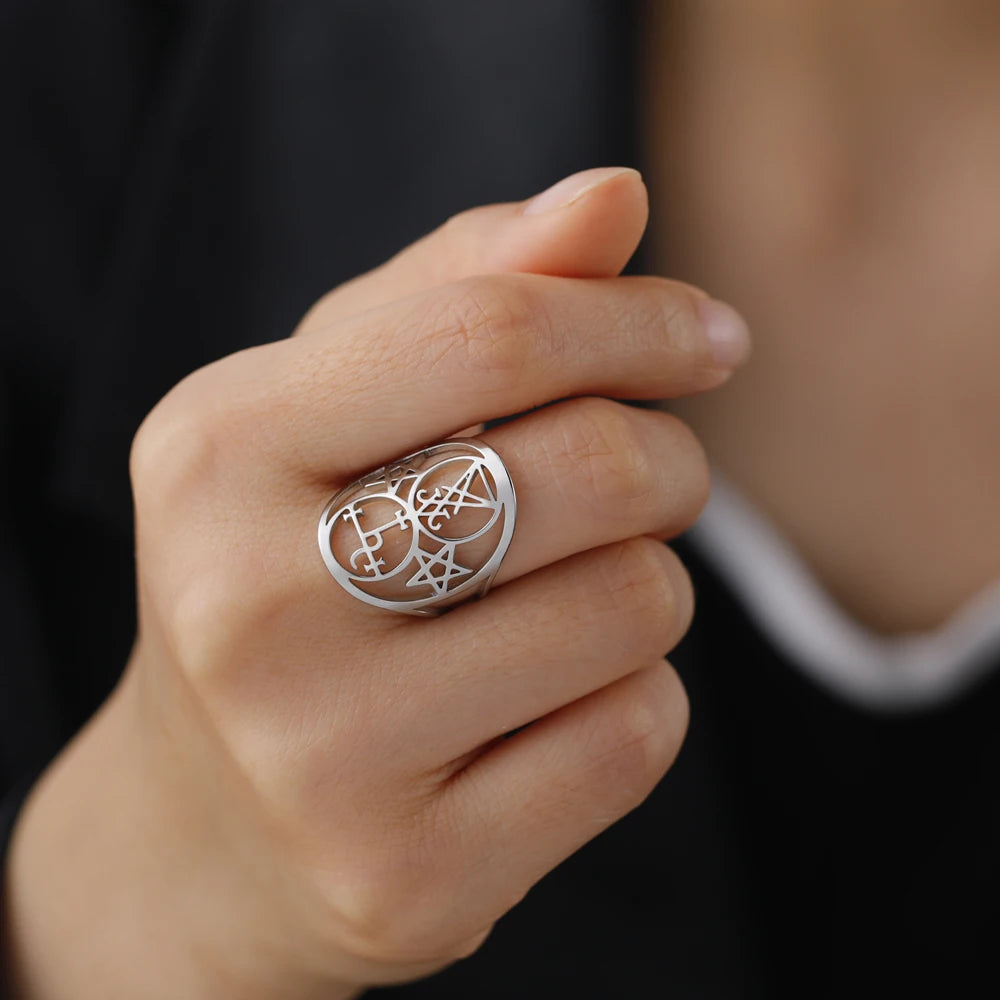 COOLTIME Sigil of Lilith Ring Vintage Stainless Steel Adjustable Pentagram Om Symbol Magic Couple Rings Amulet Jewelry