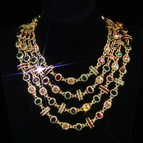 Cross Chain Necklace Iced Out Colorful Gemstone