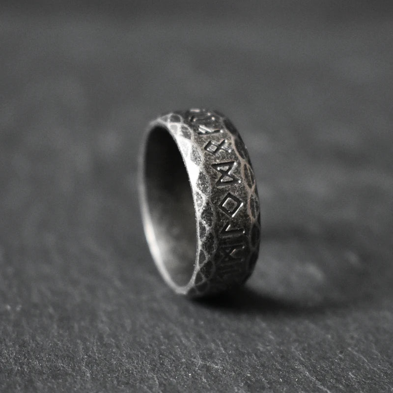 Ancient Rune Black Metal Ring 8mm Wide Stainless Steel Viking Ring with Old Norse Inscriptions Gothic Gift for Him & Her