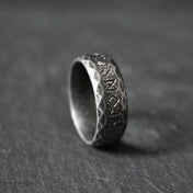 Ancient Rune Black Metal Ring 8mm Wide Stainless Steel Viking Ring with Old Norse Inscriptions Gothic Gift for Him & Her