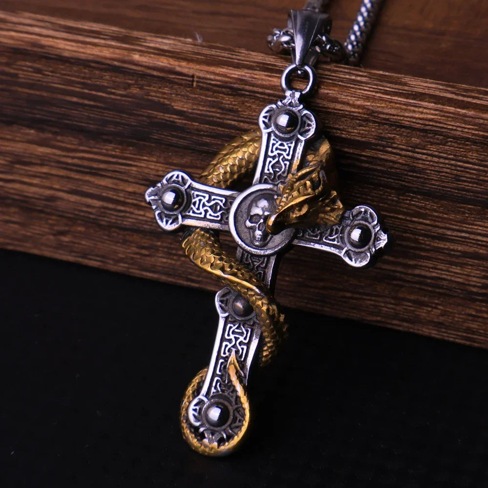 Gothic Skull Cross Dragon Pendant Necklace — Stainless Steel