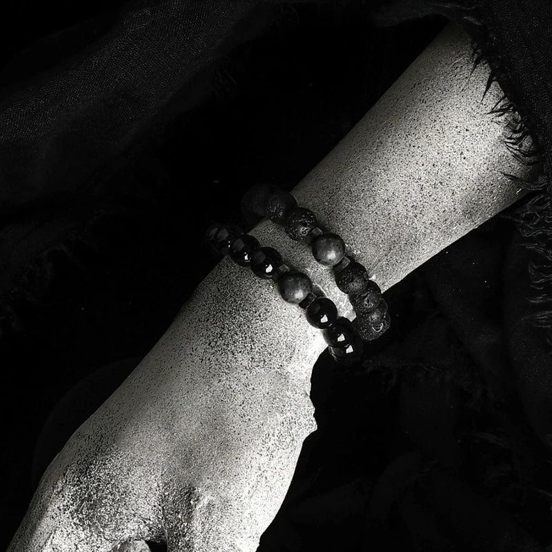 Dark Series Black Stone Bead Elastic Bracelet for Men Women
