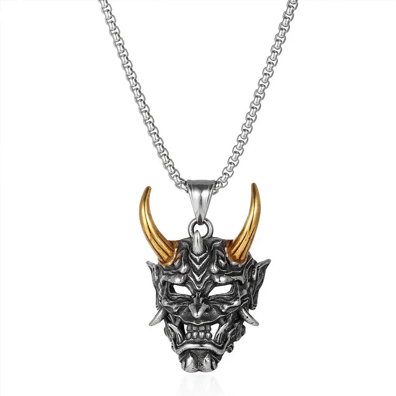 1Pcs Vintage Punk Demon Mask Samurai Ghost Pendant Necklace Unisex Long Chain Hip Hop Rock Party Necklace Jewelry