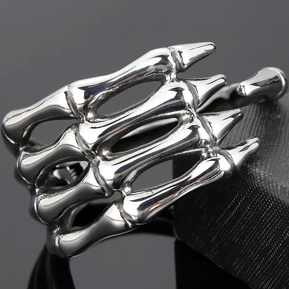 Gothic Stainless Steel Open Cuff Bangle Bracelet For Man Punk Skull Hand Shaped Men's Bracelets Rockers' Jewelry