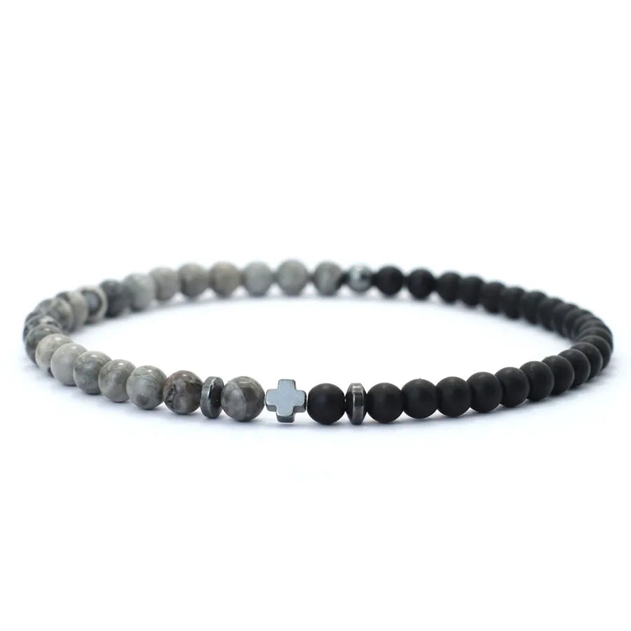 Bicolor Natural Stone 4mm Beaded Bracelet for Men — Elastic