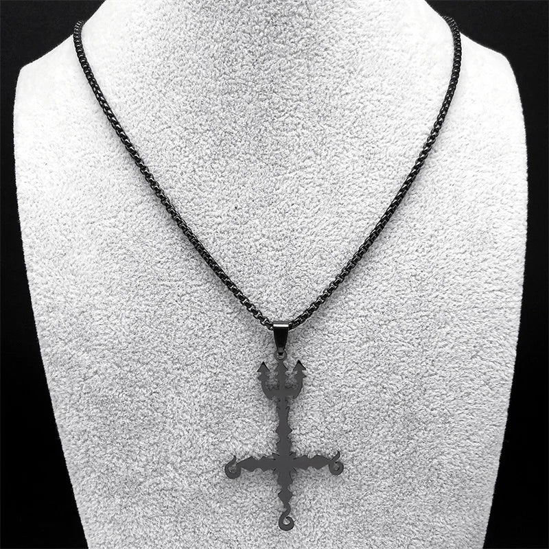 Heavy Metal 666 Music Band Necklace Stainless Steel Black Color Sigil Church of Satan Fork Cross Necklaces Jewelry N8055BKS06