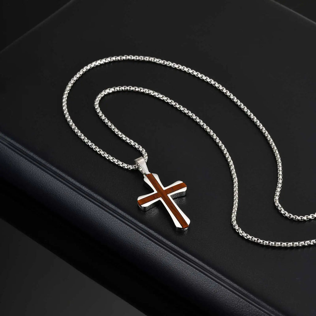 Wood Cross Silver Pendant Necklace — Stainless Steel