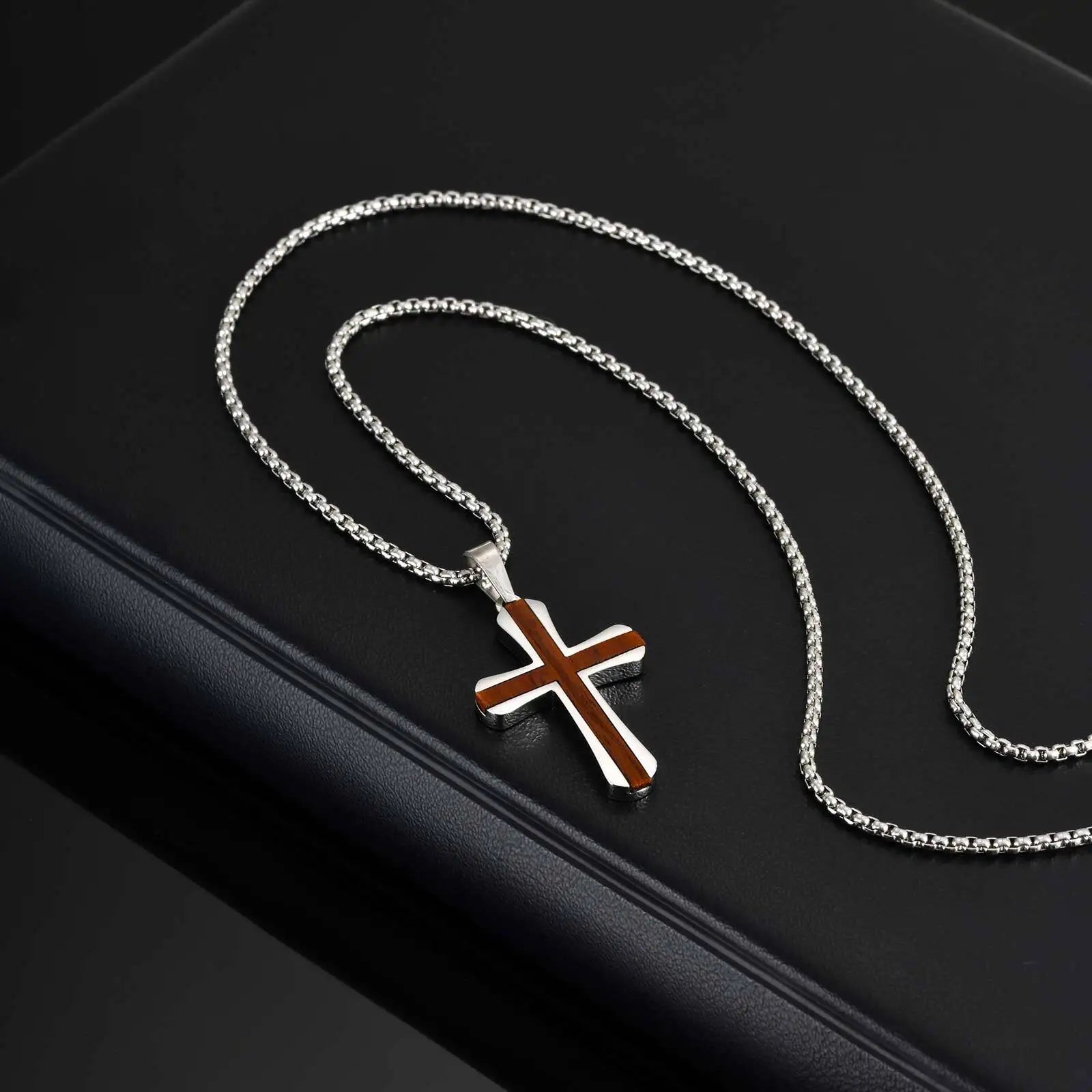 Wood Cross Silver Pendant Necklace — Stainless Steel
